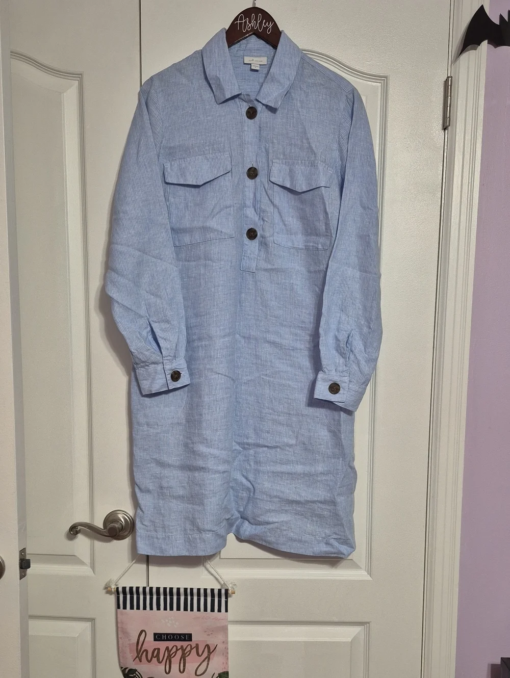 PURE JILL Light Blue and White Linen Button-Front Shirt Dress - Picture 1 of 10